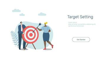 Setting business goals, Business motivation or financial goals, growth, Advertising media design concept, Banner sign. Mobile app. Web template. Team of businessmen holding targets and arrow. vector