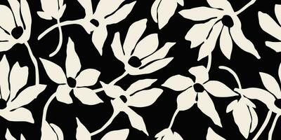 flor sin costura antecedentes. minimalista resumen floral modelo. moderno impresión en negro y blanco antecedentes. ideal para textil diseño, fondo de pantalla, cubiertas, tarjetas, invitaciones y carteles vector