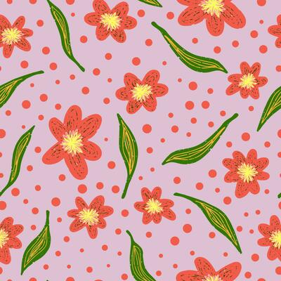 a pattern with flowers and leaves on a pink background