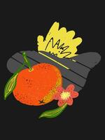 an orange and a leaf are on a black background vector