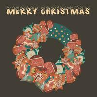 Christmas card in retro style with New Year's wreath vector