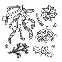 Big set of doodles elements for Christmas design. Hand-drawn branches of spruce, pine, holly, mistletoe isolated on a white background. Vector illustration.