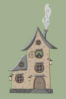 Fabulous cozy house isolated on a green background. Vector illustration of a doodle.