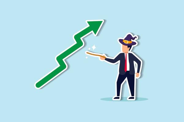 Stock market wizard, expertise trader make profit from crypto or bitcoin, using magic to get rich like miracle concept, businessman investment wizard using magic wand to make stock price rising up.