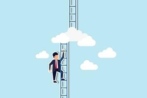 Progress to next level, career development or business improvement reaching better quality, growth or growing concept, ambitious businessman climbing up ladder to cloud level to reach next level. vector