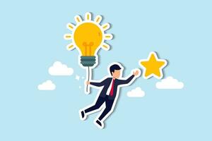 Creativity or innovation to help reach business goal, lightbulb idea to success, leadership to get solution to achieve goal, smart businessman flying with lightbulb idea to catch star in the sky. vector