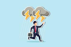 Business problem, obstacle or risk to overcome and succeed, insurance or catastrophe and disaster business day concept, depressed businessman walking with cloudy thunderstorm and rainy around his face vector