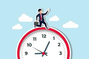 hora correr afuera, fecha límite o prisa a Vamos a el oficina tarde, urgencia o determinación a terminar trabajo rápido, estresado o ansiedad a completar trabajo concepto, prisa empresario correr rápido en hora correr fuera reloj. vector