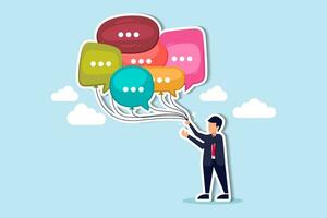 Communication management, PR public relation, handle public comment or social criticism, meeting summary or discussion talk, conversation or dialog concept, businessman manage speech bubble balloons. vector