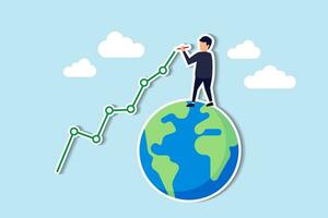 Estadísticas económicas y financieras mundiales o datos de inversión, diagrama del mercado de valores global o concepto de economía internacional, experto en negocios de pie en la tierra dibujando gráficos y gráficos financieros. vector