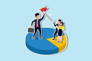 Business winning market share, earn high percentage of product sale, company achieve profit growth concept, success entrepreneur businessman holding flag standing on pie chart win over competitors. vector