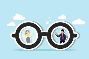 Gender bias, sexism inequality in workplace and social, prejudice, stereotyping, or discrimination against women concept, eyeglasses with clear vision on businessman and unclear blurry vision on woman vector