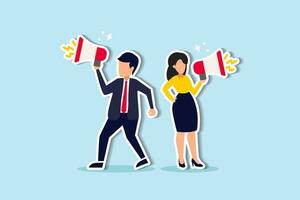 Communicate message, announce job vacancy for hiring, shouting promotion or company communication, warning alert or beware or important message concept, businessman and woman shouting on megaphone. vector