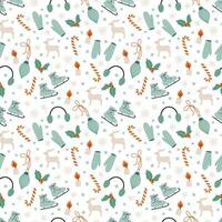 Retro style Christmas background with cozy objects. Seamless pattern with cute Winter elements. Hand drawn vector illustration.