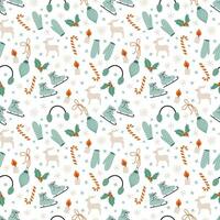 Retro style Christmas background with cozy objects. Seamless pattern with cute Winter elements. Hand drawn vector illustration.