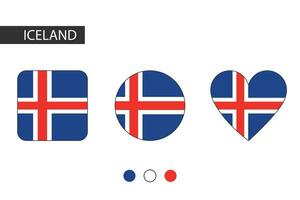 Iceland 3 shapes square, circle, heart with city flag. Isolated on white background. vector