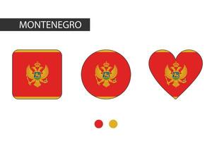 Montenegro 3 shapes square, circle, heart with city flag. Isolated on white background. vector