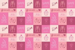 Valentine's Day seamless pattern in doodle style in squares. Print for wallpaper, stationary, wrapping paper, textile prints, packaging, etc. Vector illustration