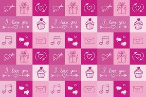 Valentine's Day seamless pattern in doodle style in squares. Print for wallpaper, stationary, wrapping paper, textile prints, packaging, etc. Vector illustration