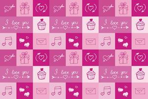 Valentine's Day seamless pattern in doodle style in squares. Print for wallpaper, stationary, wrapping paper, textile prints, packaging, etc. Vector illustration