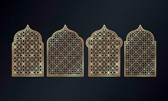 Arabian mosque window and gate patterns, golden arch arabesque ornament shapes. Old arabic door or window frames with gold geometric motif. Palace architecture elements. - Vector. vector