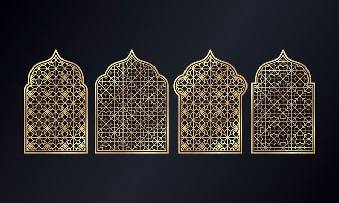 Arabian mosque window and gate patterns, golden arch arabesque ornament shapes. Old arabic door or window frames with gold geometric motif. Palace architecture elements. - Vector.