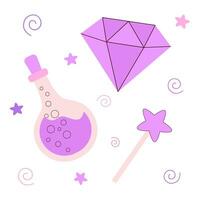 Magic set magic wand, crystal diamond and potion, fantasy mood, cute objects to decorate mysterious designs. A collection of cute fairytale objects for children's designs. vector