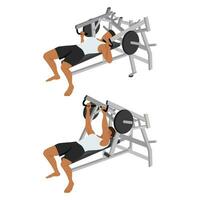 Man doing lying chest press machine exercise on a weight machine. vector