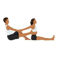 Young man helping his female partner to stretch for seated forward bend pose, paschimottanasana vector