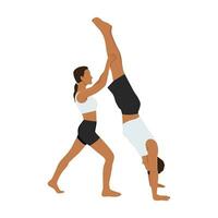 Young couple helping each other to practicing yoga. Woman helps a man doing handstand yoga exercise. vector