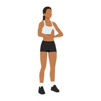 woman doing wrist stretch exercise in standing position. vector