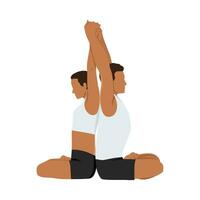 Young Couple doing sitting cross-legged in lotus position, doing stretching exercises for spine and shoulders. vector