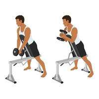 Man doing single dumbbell spider hammer curl exercise. vector