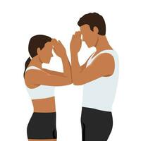 Young couple doing stretching exercises flexible body acrobatic poses yoga woman and man do gymnastics warm up. vector