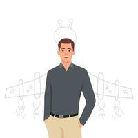 Businessman standing with hand inside his pocket with sketch of jetpack rocket on the back. Business idea concept. vector