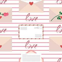 Valentines day seamless pattern with envelopes, roses and hearts. Vintage romantic background vector