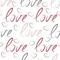 Vector seamless pattern with love word in red, white and black colours in pink background