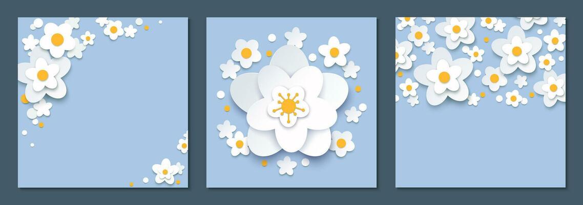 Paper cut floral square backgrounds collection White spring flowers on blue with copy space for text