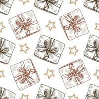 Seamless pattern of hand-drawn gift packaging decorated with ribbon isolated on white, close up of decoration in sketch style. Object for christmas, birthday card, packaging. vector