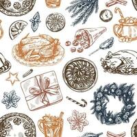 Seamless pattern of hand-drawn Christmas elements in sketch style. Festive decoration - wreath, gift, sweets, food, Christmas tree decor, drinks and spices sketches.  Ingraved. vector