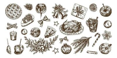Hand-drawn Christmas set in sketch style. Festive decoration - wreath, gift, sweets, food, Christmas tree decor, drinks and spices sketches. Vintage design elements for winter holyday. Ingraved. vector