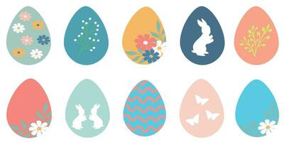 Set of easter eggs in flat style. Colorful decorated easter egg collection isolated on white background. Cute polka dots, rabbit and Floral decorative vector elements. Vector illustration