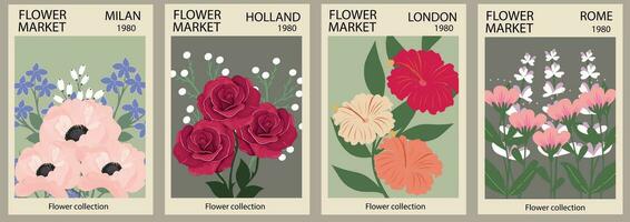 Set of abstract floral posters. Botanical wall art with floral designs in a trendy style. Modern interior decorations. Vector illustration.