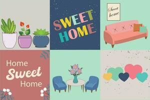 Sweet home. Set of stylish Scandinavian apartment design elements. Cozy furnished living room, flat vector cartoon illustration