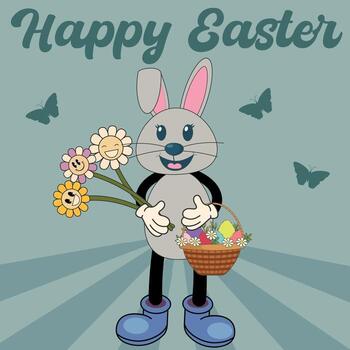 Groovy Hippies Happy Easter Bunny Characters With Basket Of Easter Eggs. Trendy Easter design. The concept of a spring holiday in a cartoon style of the 60s in the retro style of the 70s. vector