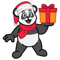 Panda in a Santa Claus hat and scarf holding a gift box vector