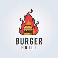 grill burger, burger fire logo vector illustration design, creative logo design