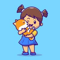 Cute Girl Hug Shiba Inu Dog Cartoon Vector Icon Illustration. People Animal Icon Concept Isolated Premium Vector. Flat Cartoon Style