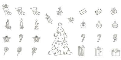 Vector Set of winter, Christmas and New Year symbols. Isolated Outline elements for xmas and season's Greetings themes. Several variations of gift boxes, candles, caramels, ornaments and stockings