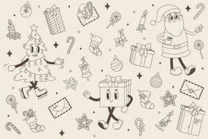 Vector Groovy Set of Christmas and Happy New Year characters and symbols. Outline Illustration in retro vintage style 60s 70s for greeting card and festive design